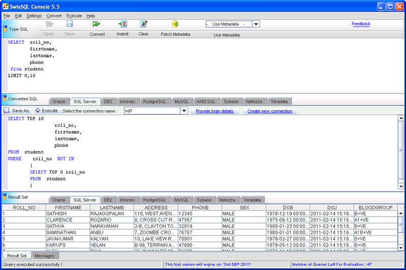 SwisSQL - SQLOne Console Screenshot